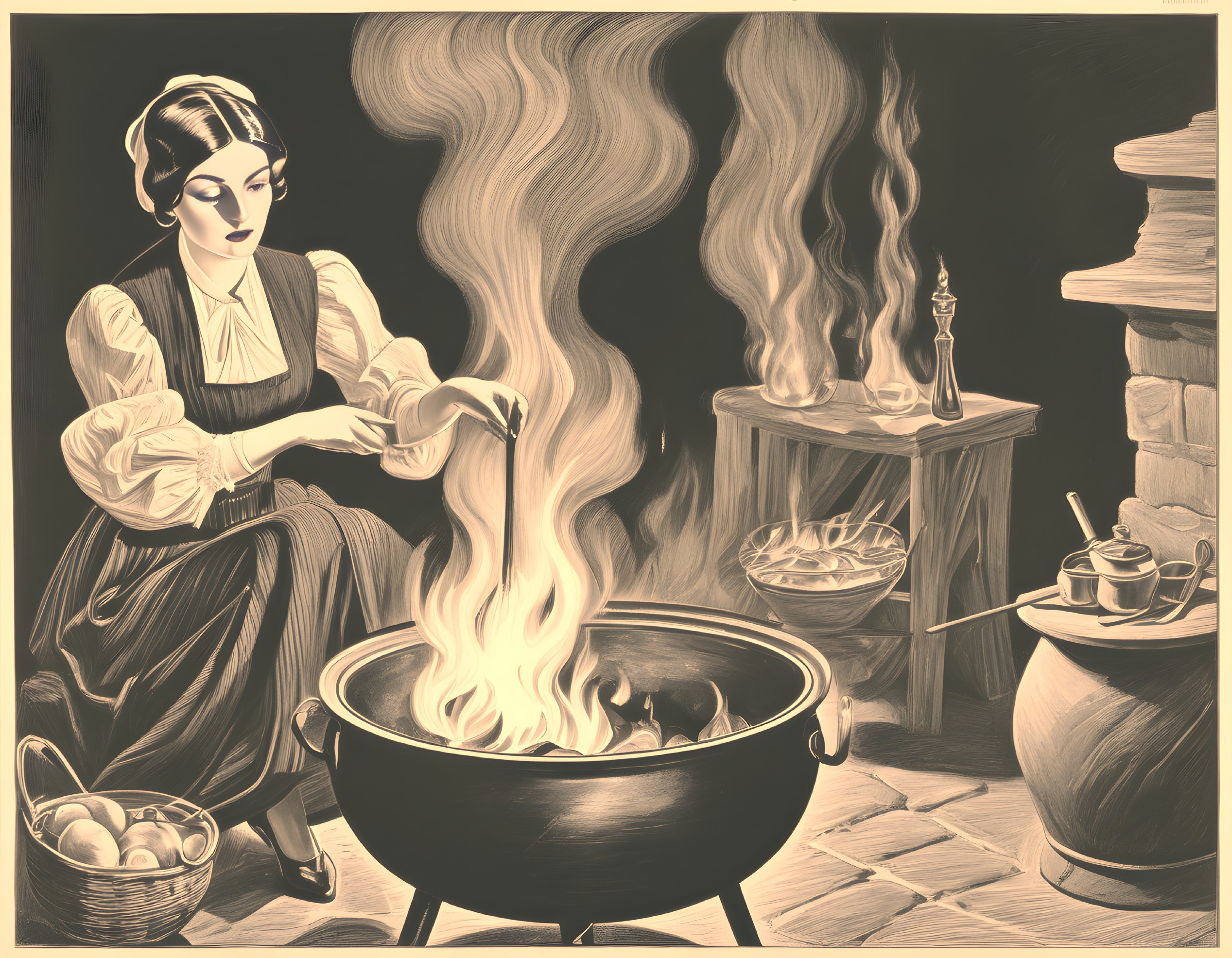 Sepia-Toned Illustration: Woman Cooking Traditional Food Outdoors