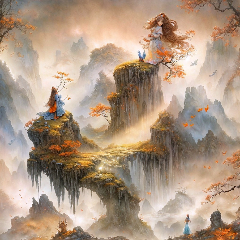 Ethereal Figures in Dreamlike Autumn Landscape