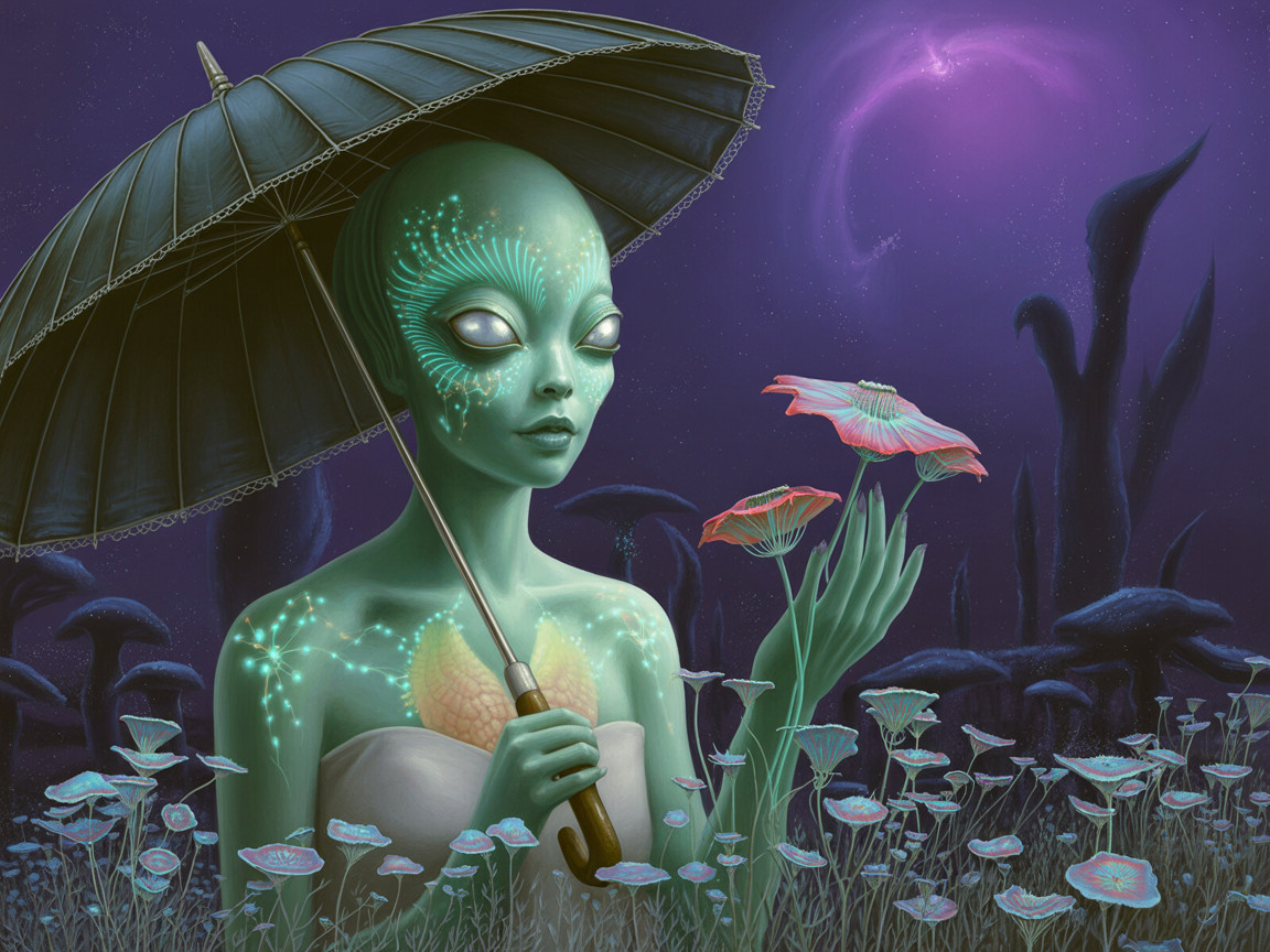 Green Alien in Whimsical Otherworldly Landscape