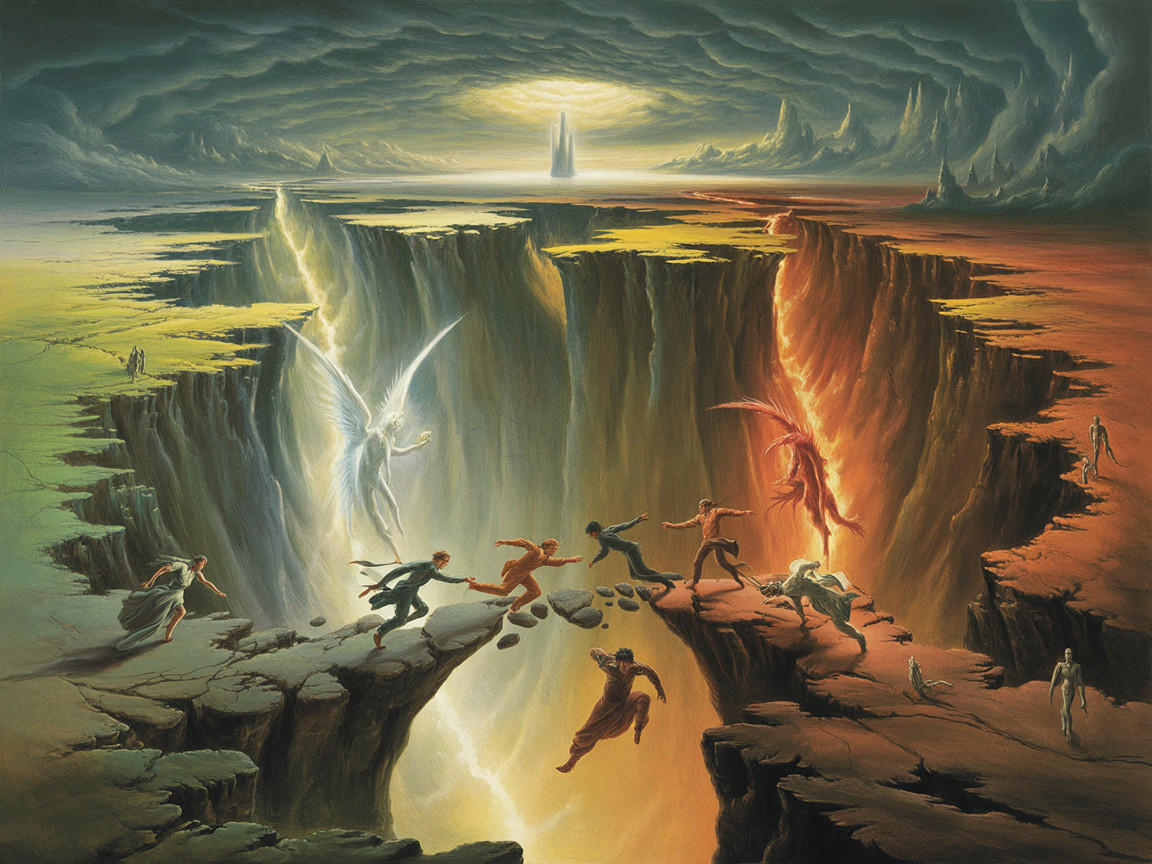 Surreal Landscape of Light and Darkness Divided by Chasm