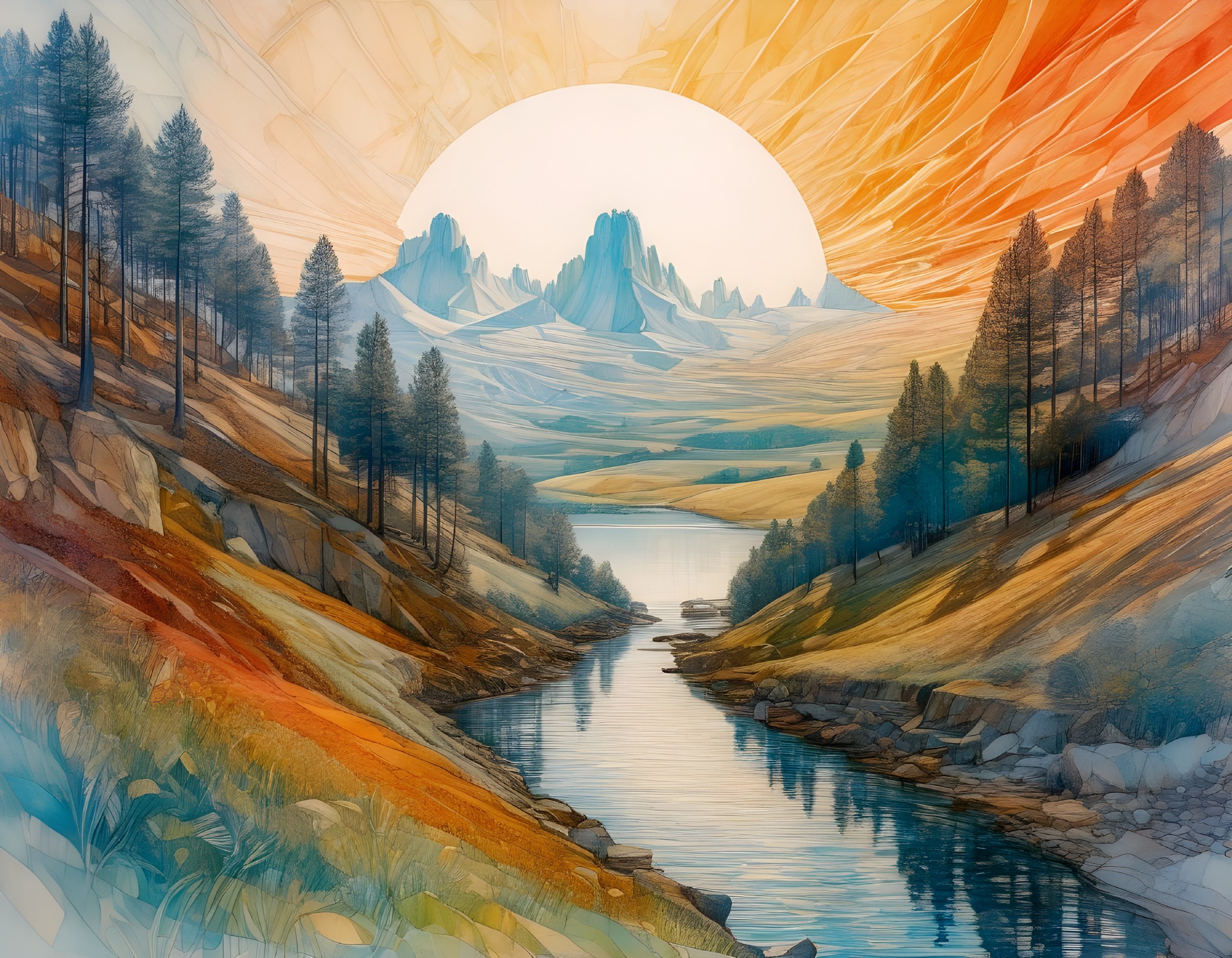 Vivid Landscape with River, Mountains, and Radiant Sun