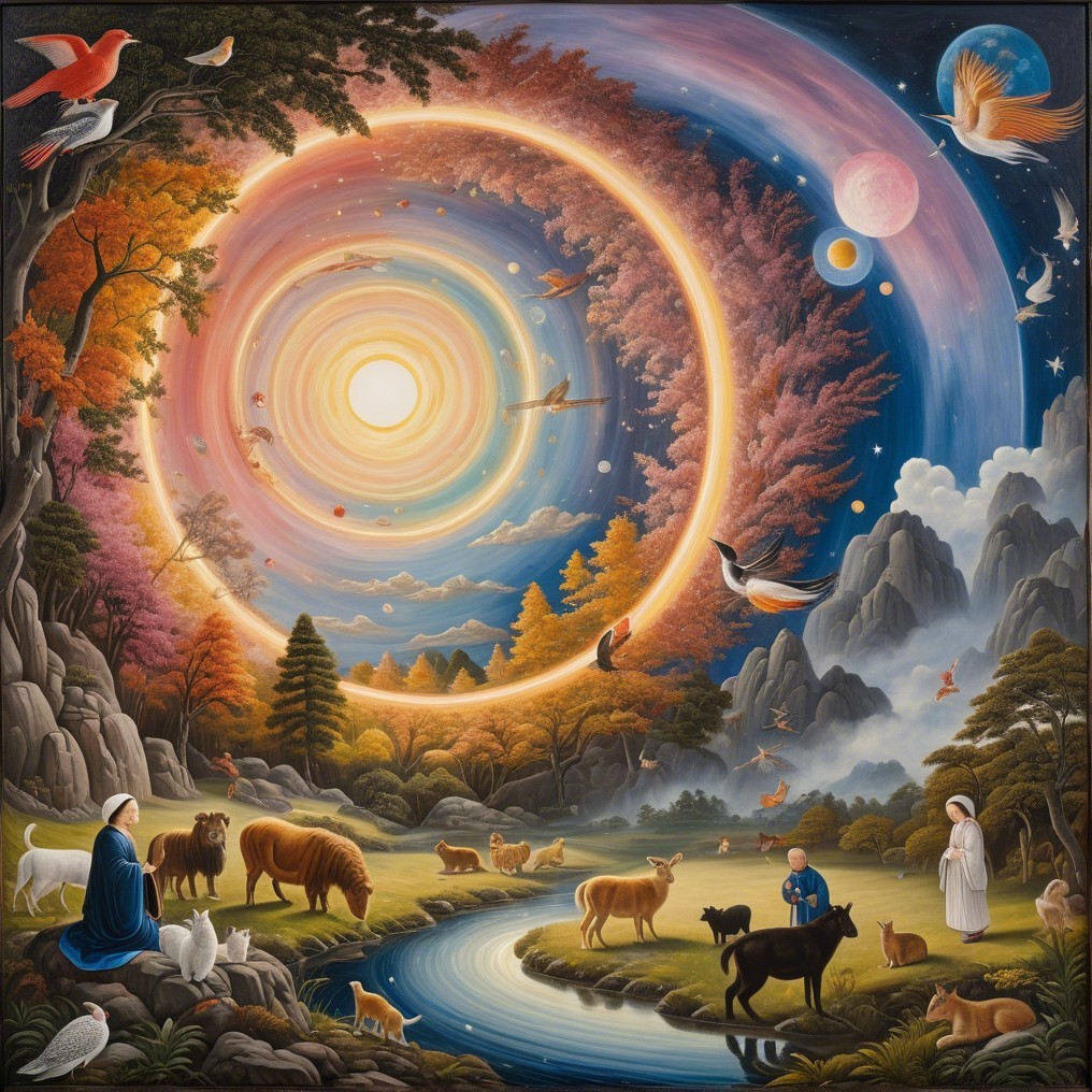 Surreal Landscape with Vibrant Colors and Cosmic Elements