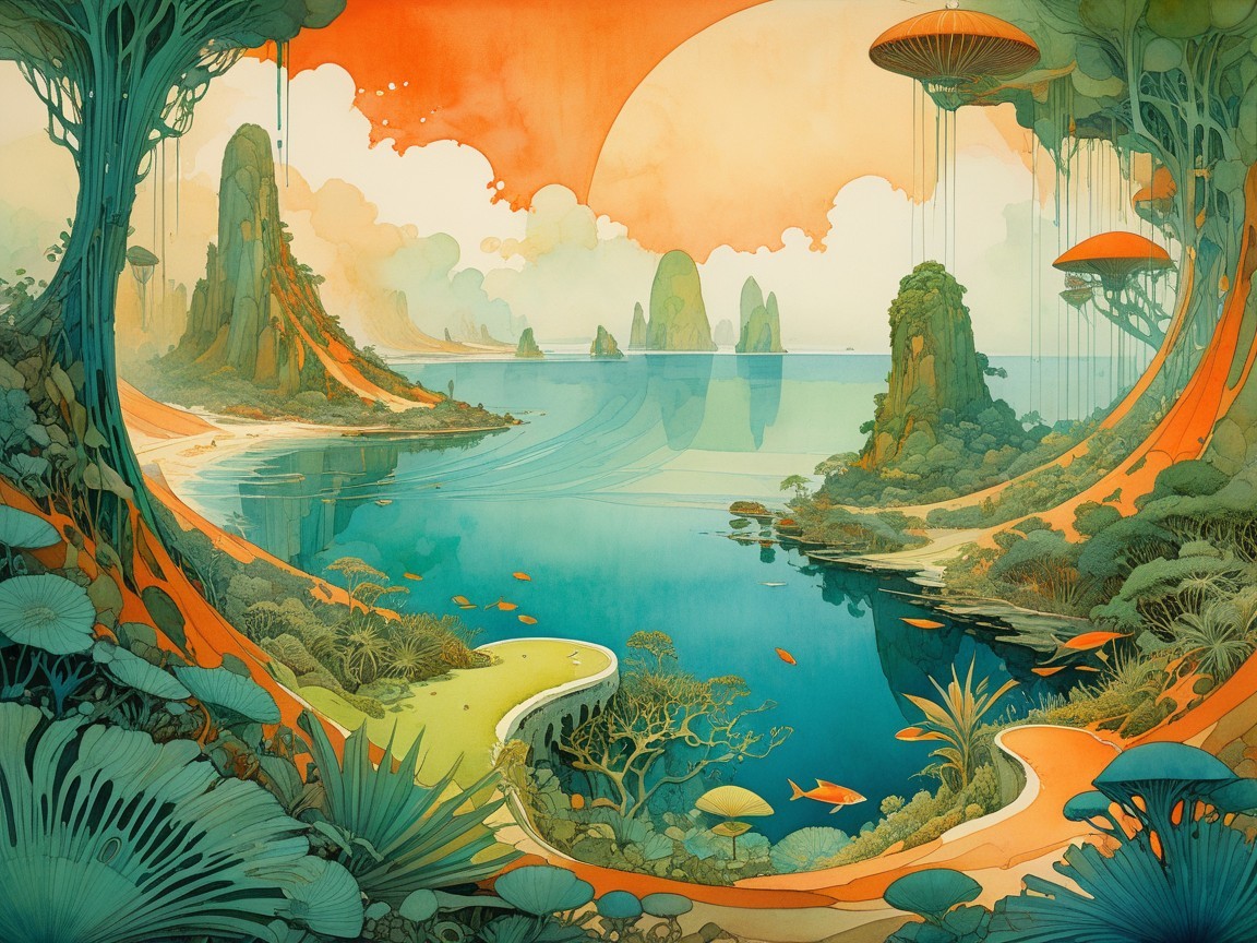 Serene Landscape with Towering Rock Formations and Water