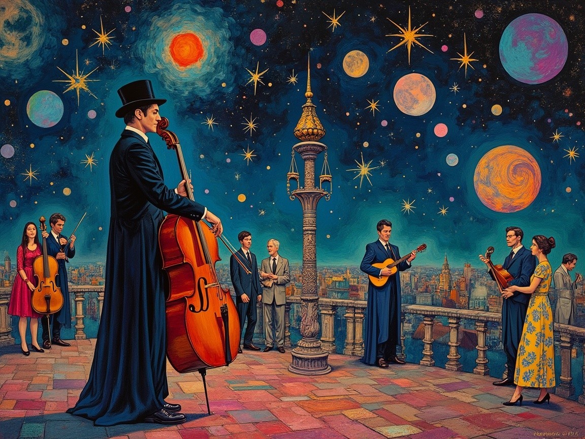 Cosmic Concert on Rooftop with Celestial Background
