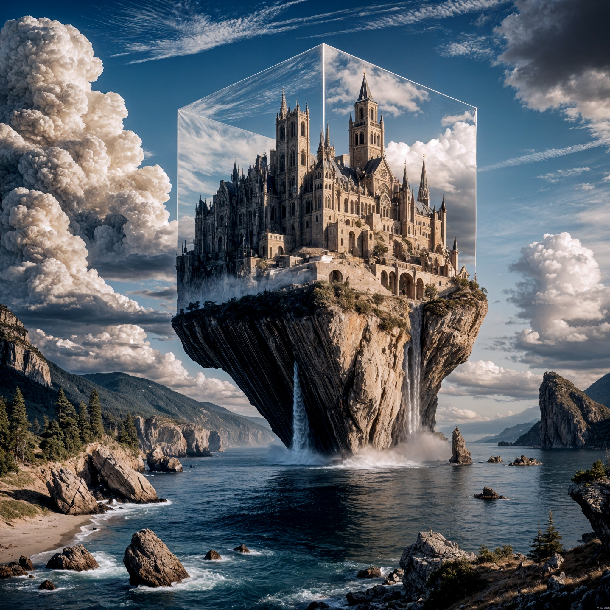 Floating Castle in a Transparent Cube Over Ocean