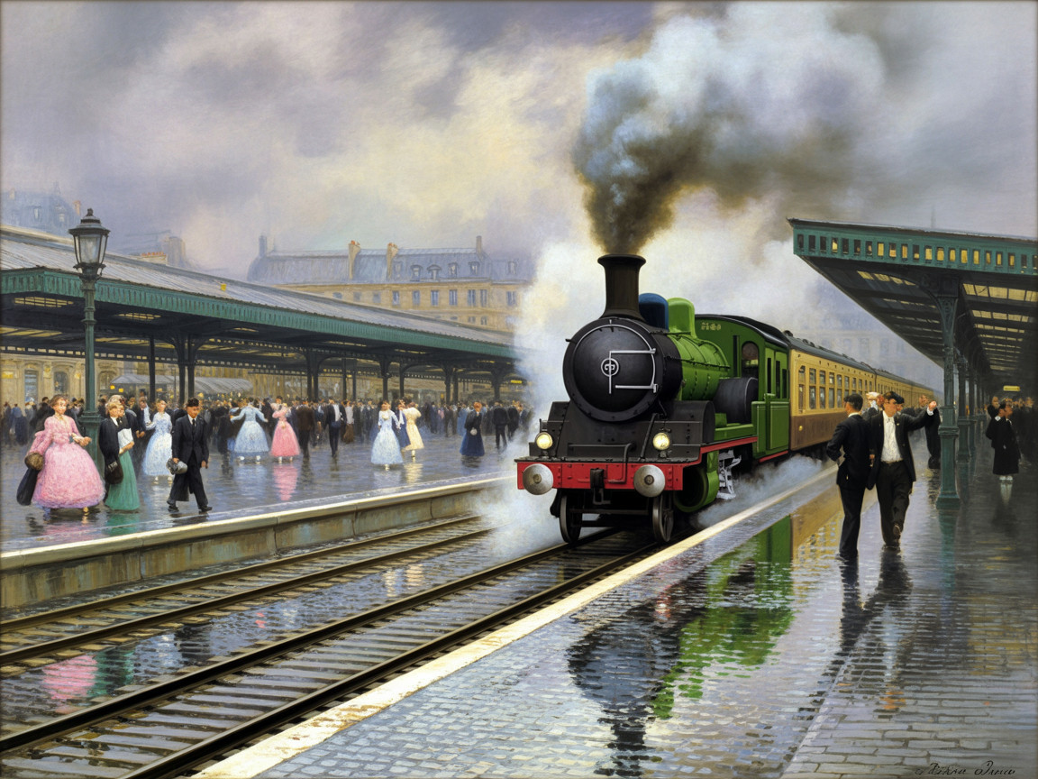 Vintage Train Station with Elegant Passengers and Locomotive