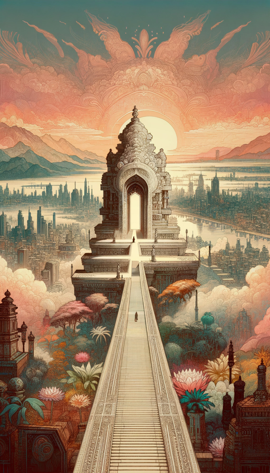 Illustration: Ornate temple gateway overlooking mythical city and mountains with phoenix sky.