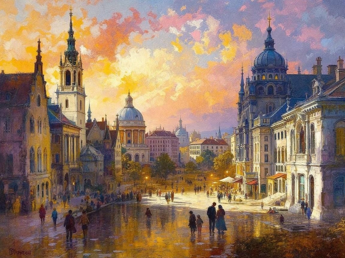 Twilight Cityscape with Enchanting Architecture and Reflections