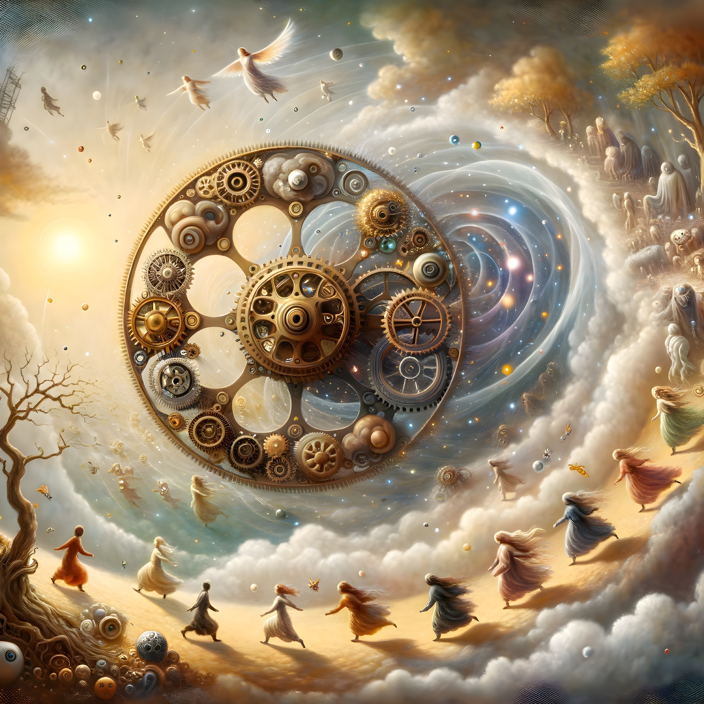 Surreal cosmic gear mechanism with robed figures in nature-fantasy blend