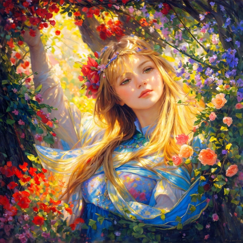 Young Woman in Floral Setting with Soft Sunlight
