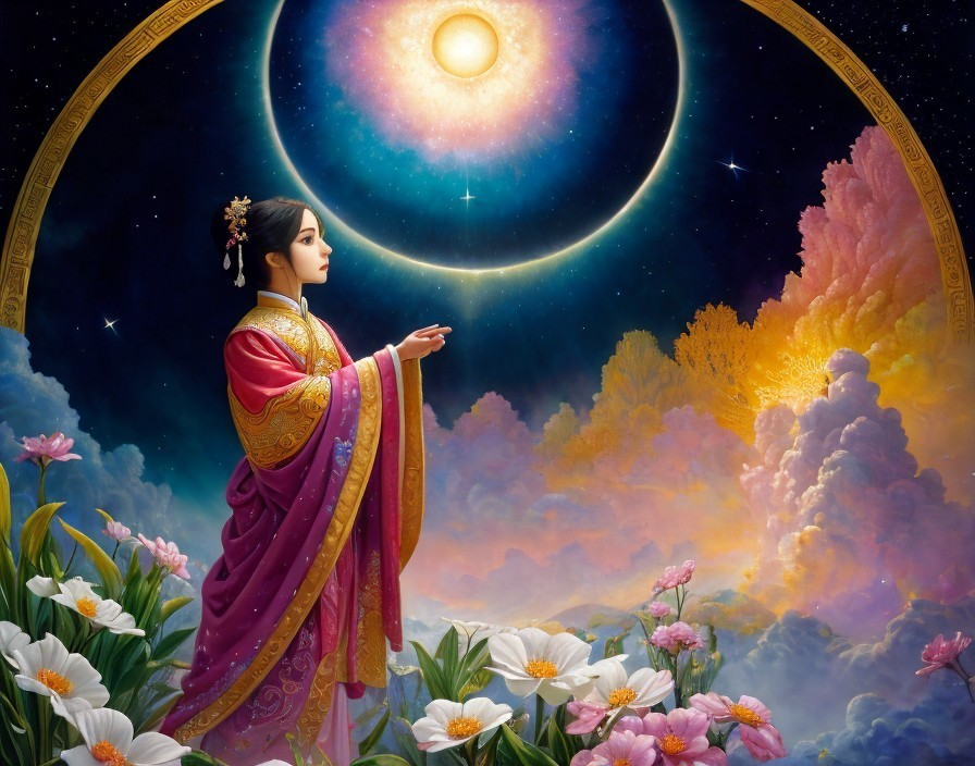 Traditional Asian Attire Woman Surrounded by Celestial Elements