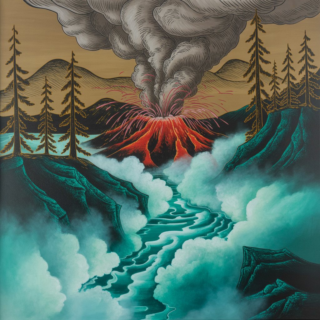 Vivid Volcanic Eruption with Dramatic Landscape Elements