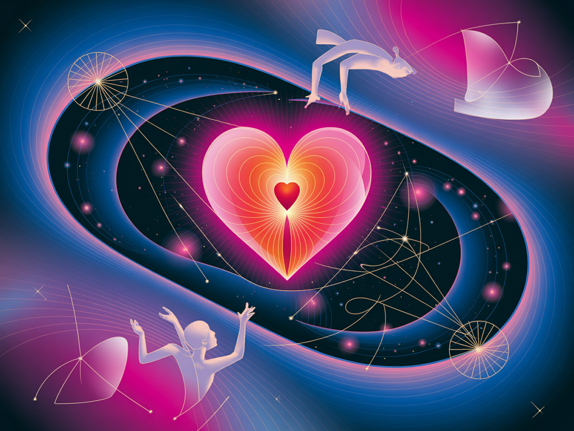 Vibrant Cosmic Scene with Luminous Heart and Figures