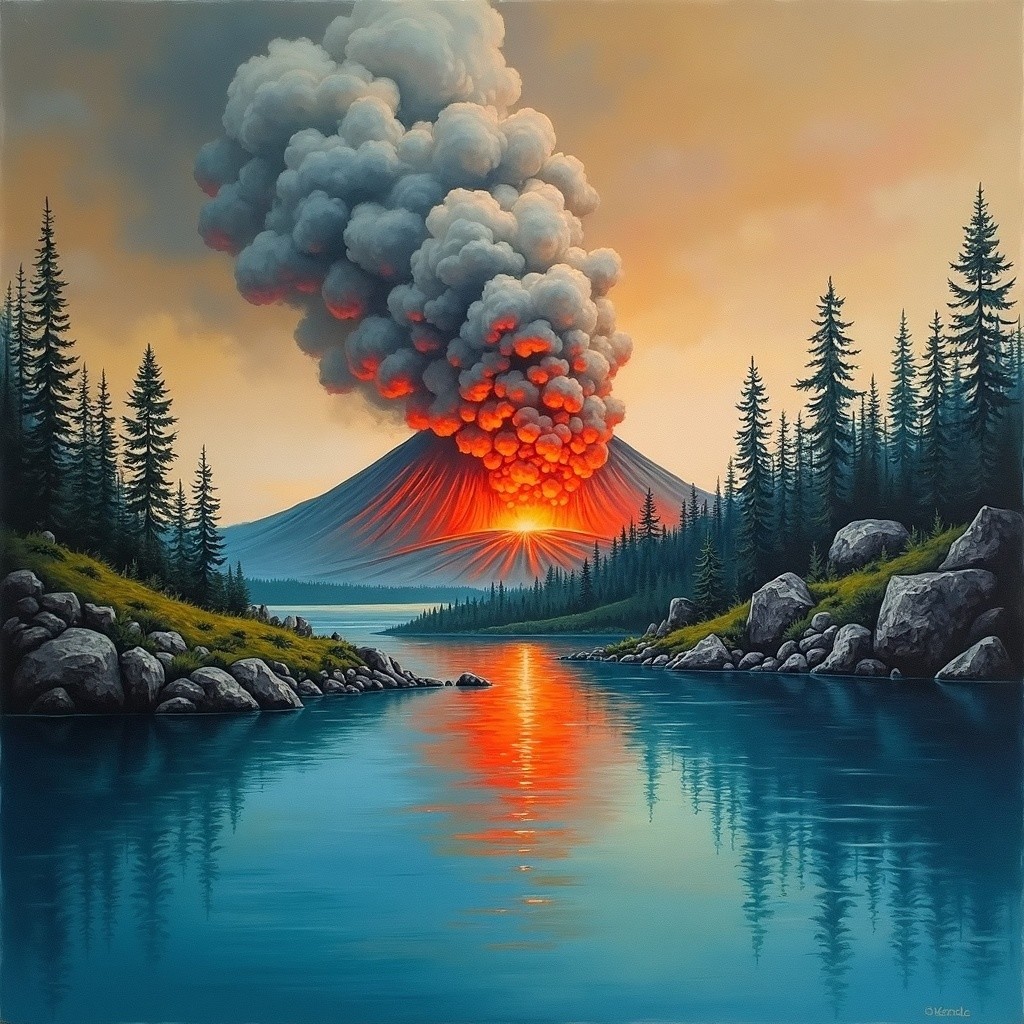 Vibrant Volcanic Eruption with Calm River Landscape