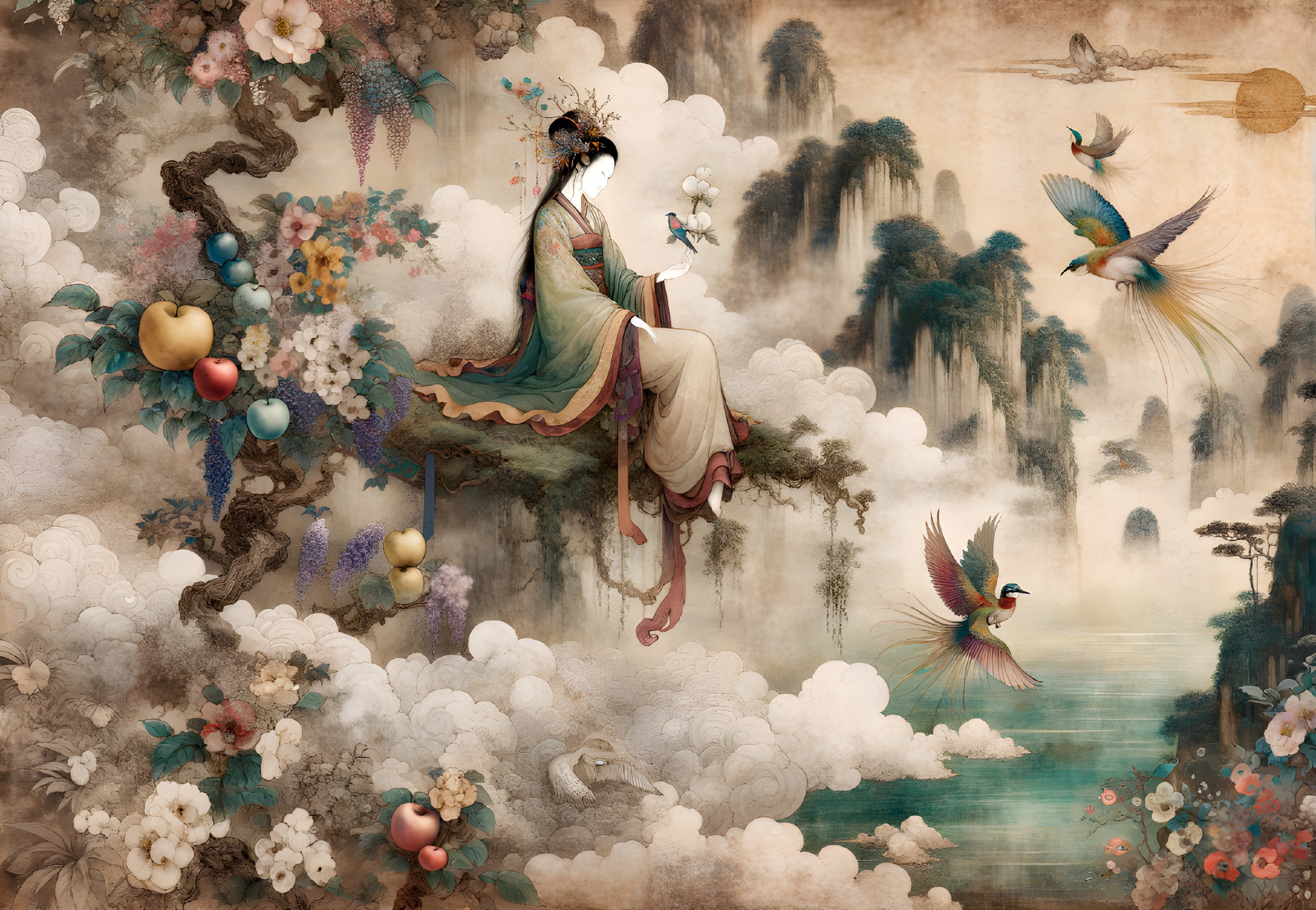 Ethereal artwork of serene woman in traditional attire among clouds