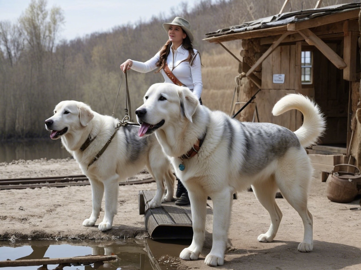 Young woman with dogs by a river and wooden cabin