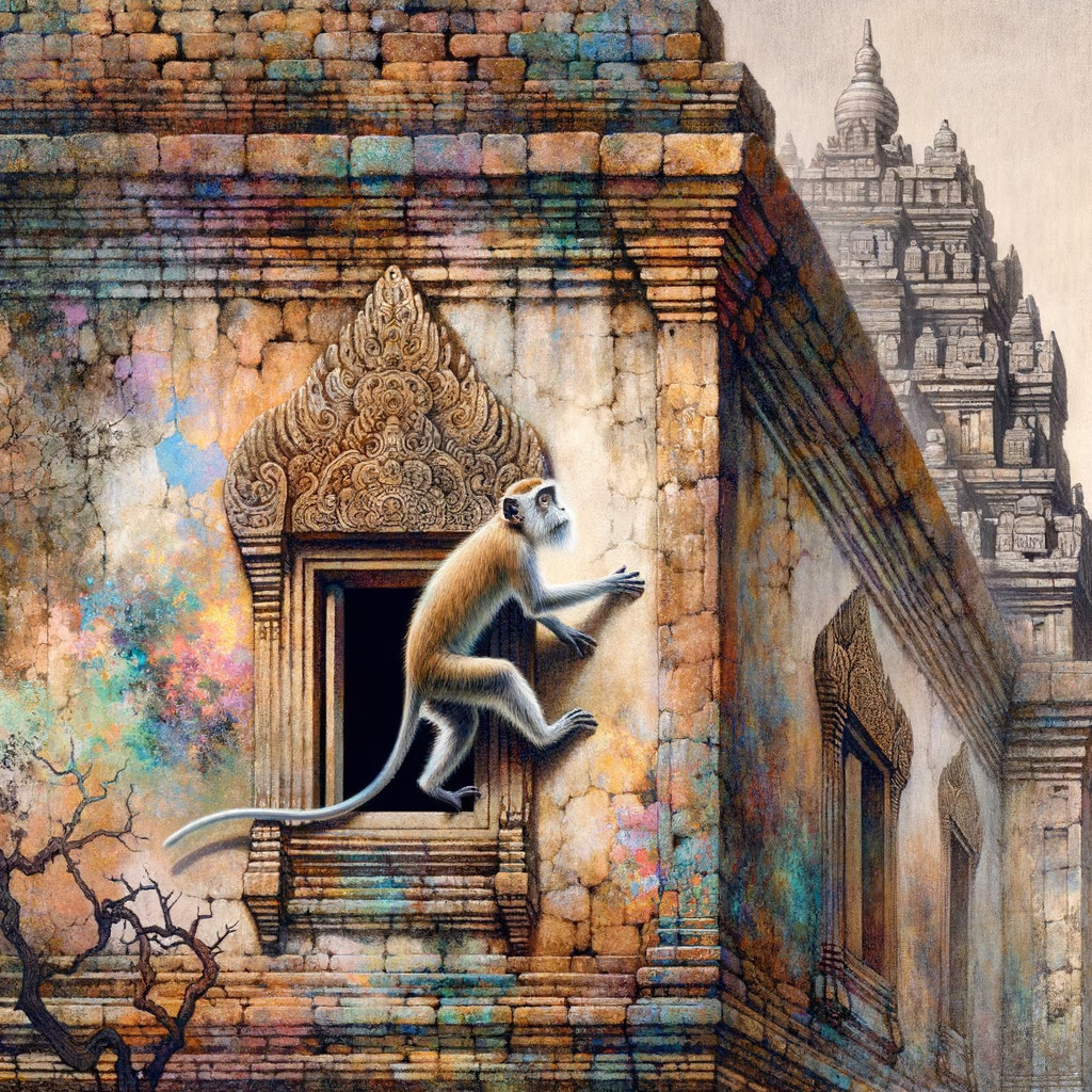Monkey on Ornate Window of Historic Temple