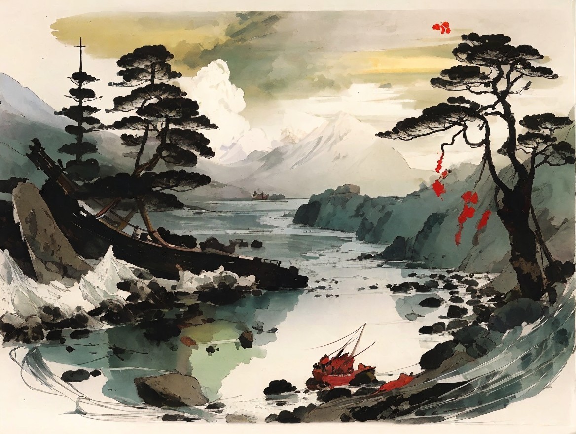 Serene Landscape with River, Mountains, and Shipwreck