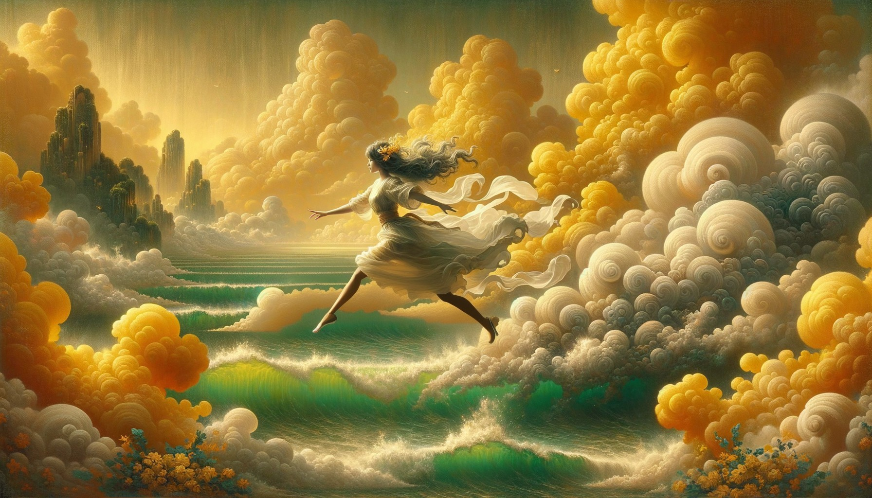 Fantastical painting of woman leaping over sea with golden clouds, city, vivid sky