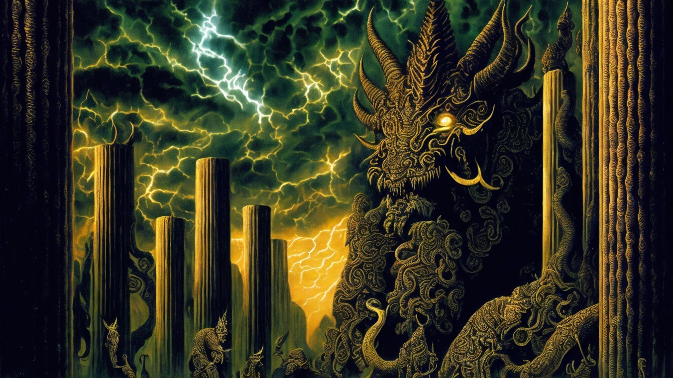 Dark Creature in Stormy Scene with Ancient Columns