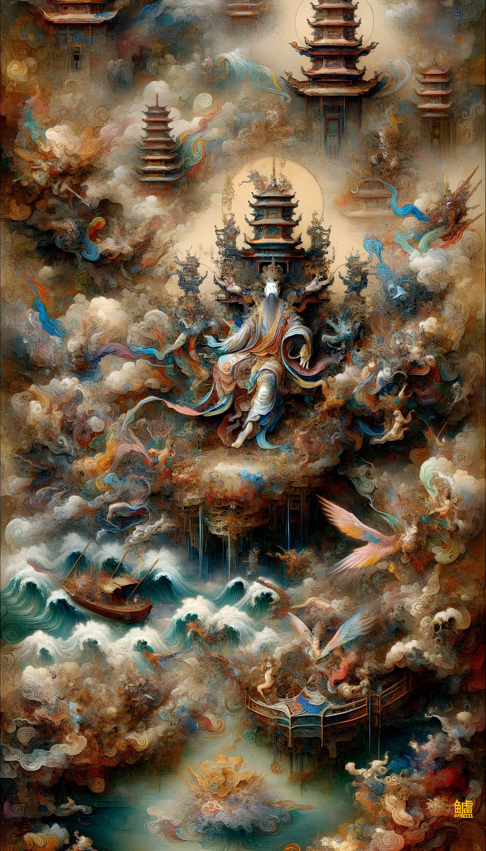 Fantastical painting of serene deity, dragons, and pagodas