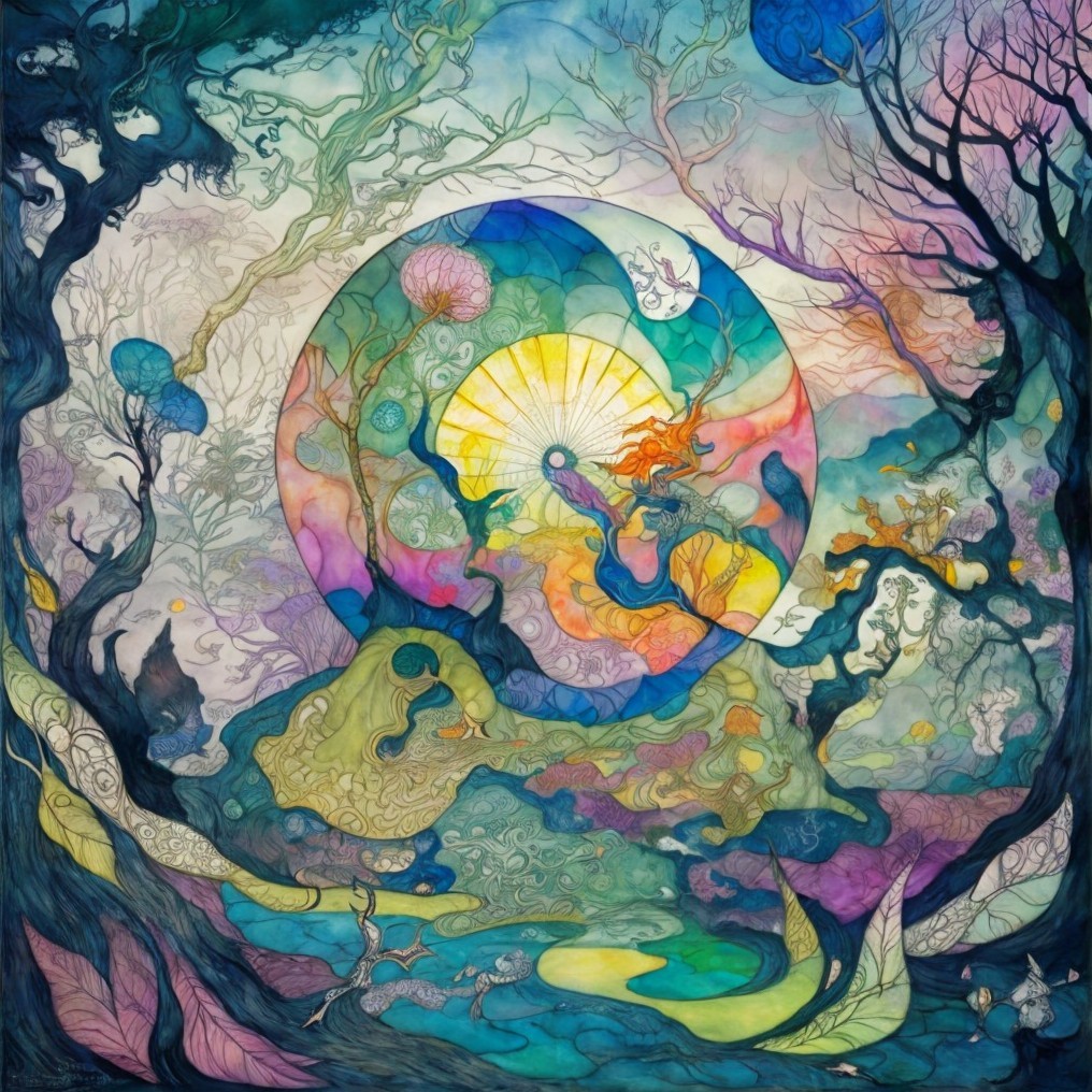 Vibrant Fantastical Landscape with Ethereal Elements