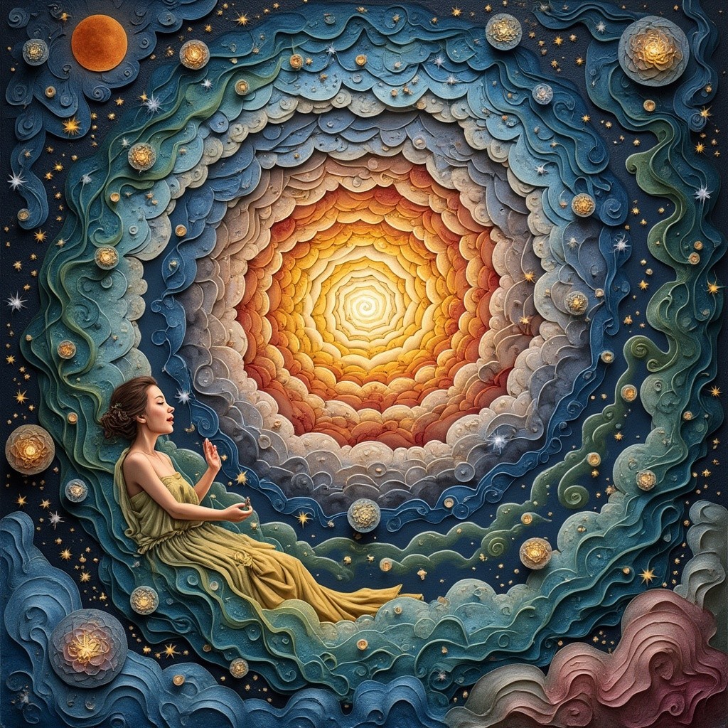 Serene Woman Surrounded by Blue and Gold Swirls