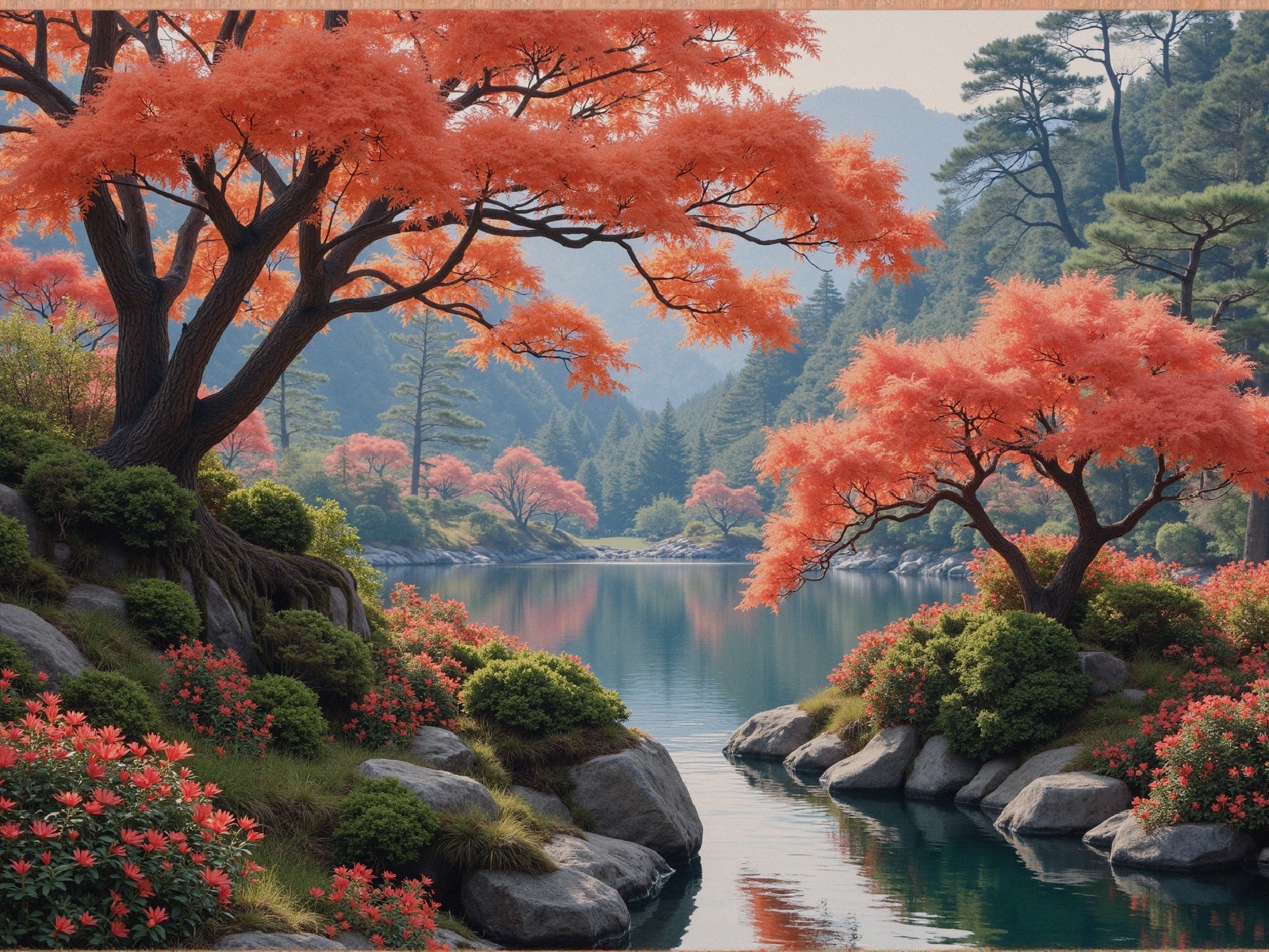 Tranquil Autumn Landscape with Serene River and Foliage