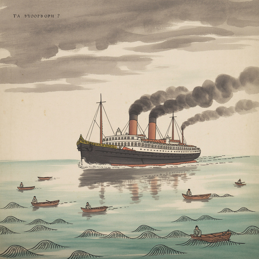 Vintage Illustration of a Steamship and Smaller Boats