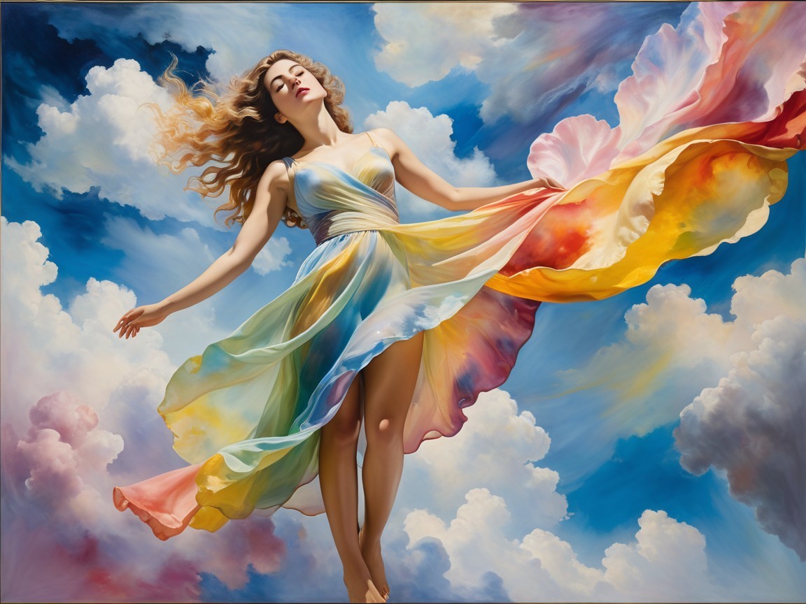 Ethereal Woman in Multicolored Dress Among Clouds