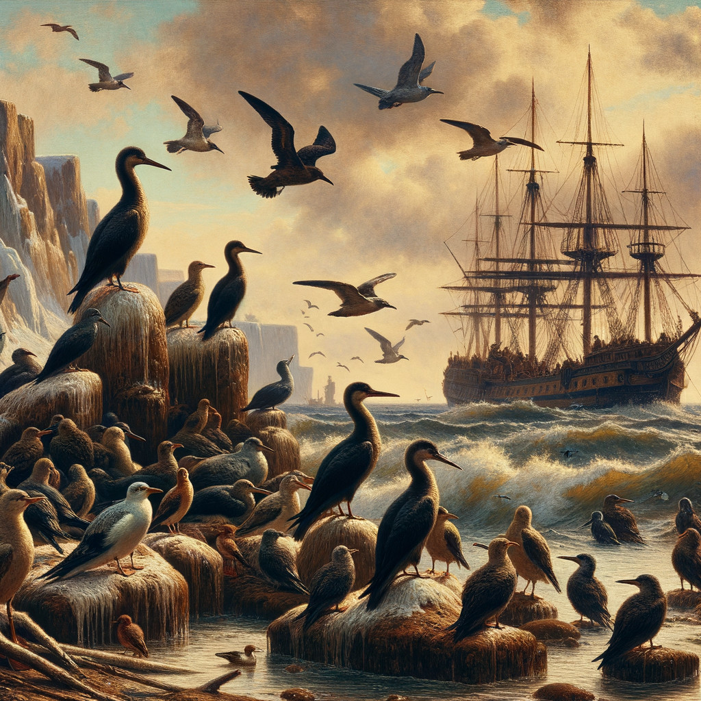 Dramatic Coastal Landscape with Seabirds and Ship