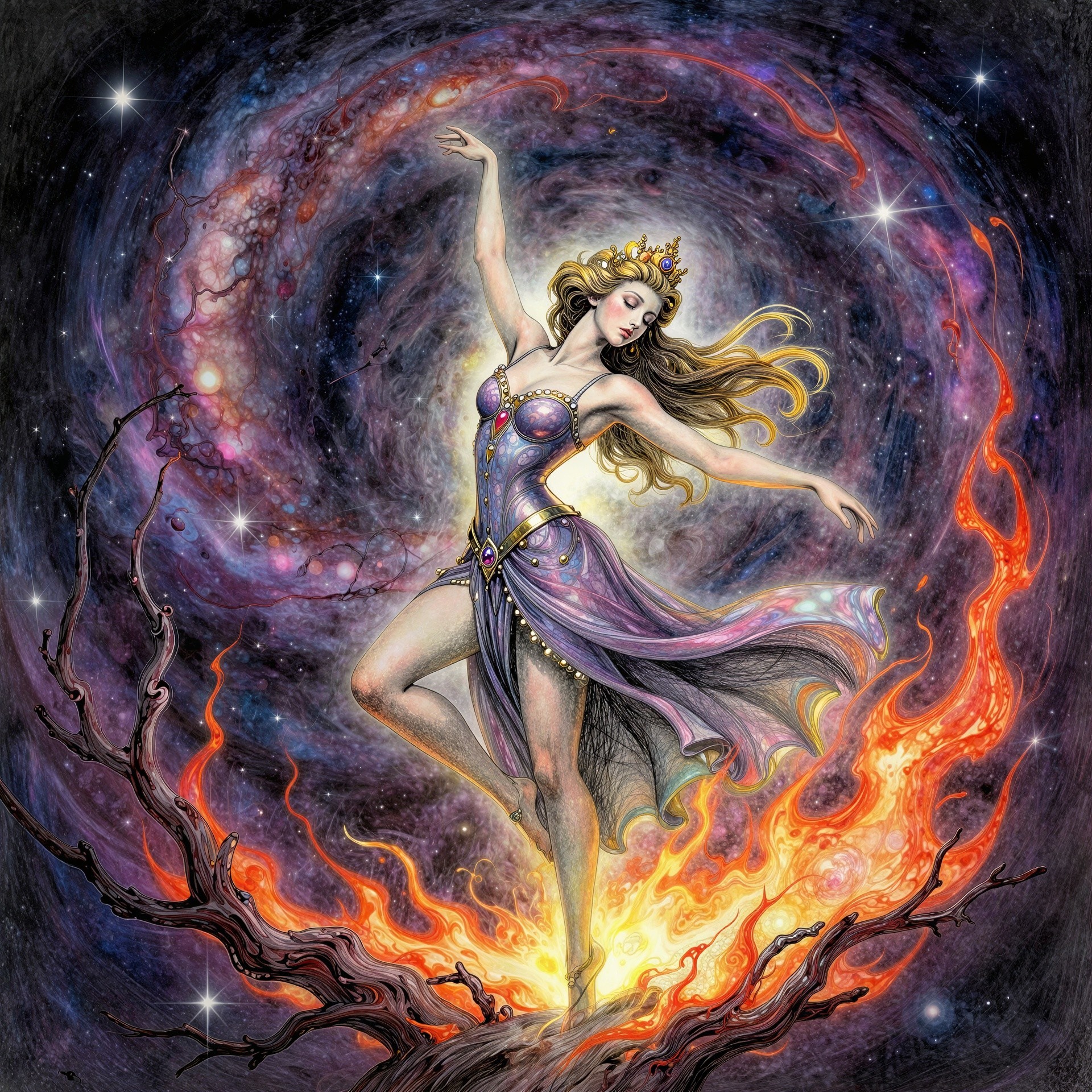 Elegant woman in flowing dress amidst fiery tree backdrop