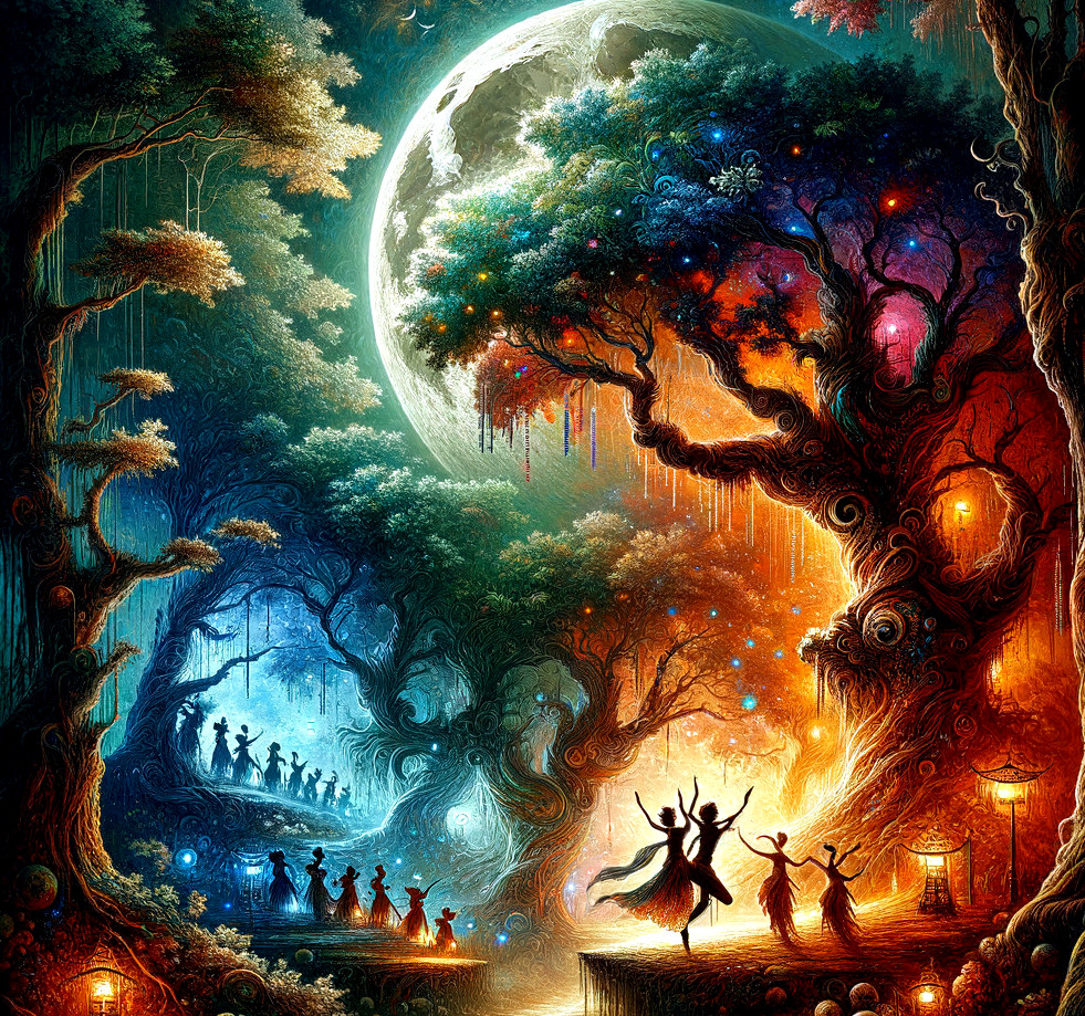 Fantasy forest scene with mystical lights and dancing figures