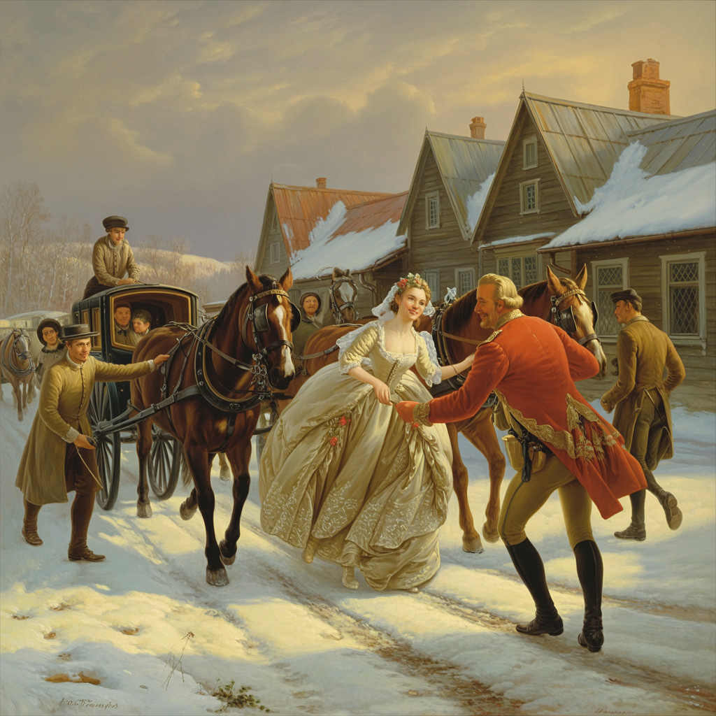 Winter Village Scene with Elegant Attire and Carriage