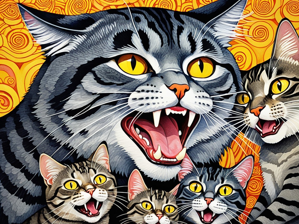 Colorful Illustration of Multiple Playful Tabby Cats