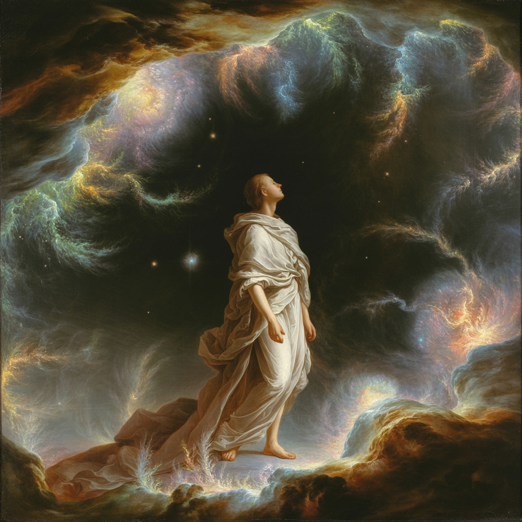 Serene Figure in Cosmic Landscape with Celestial Colors