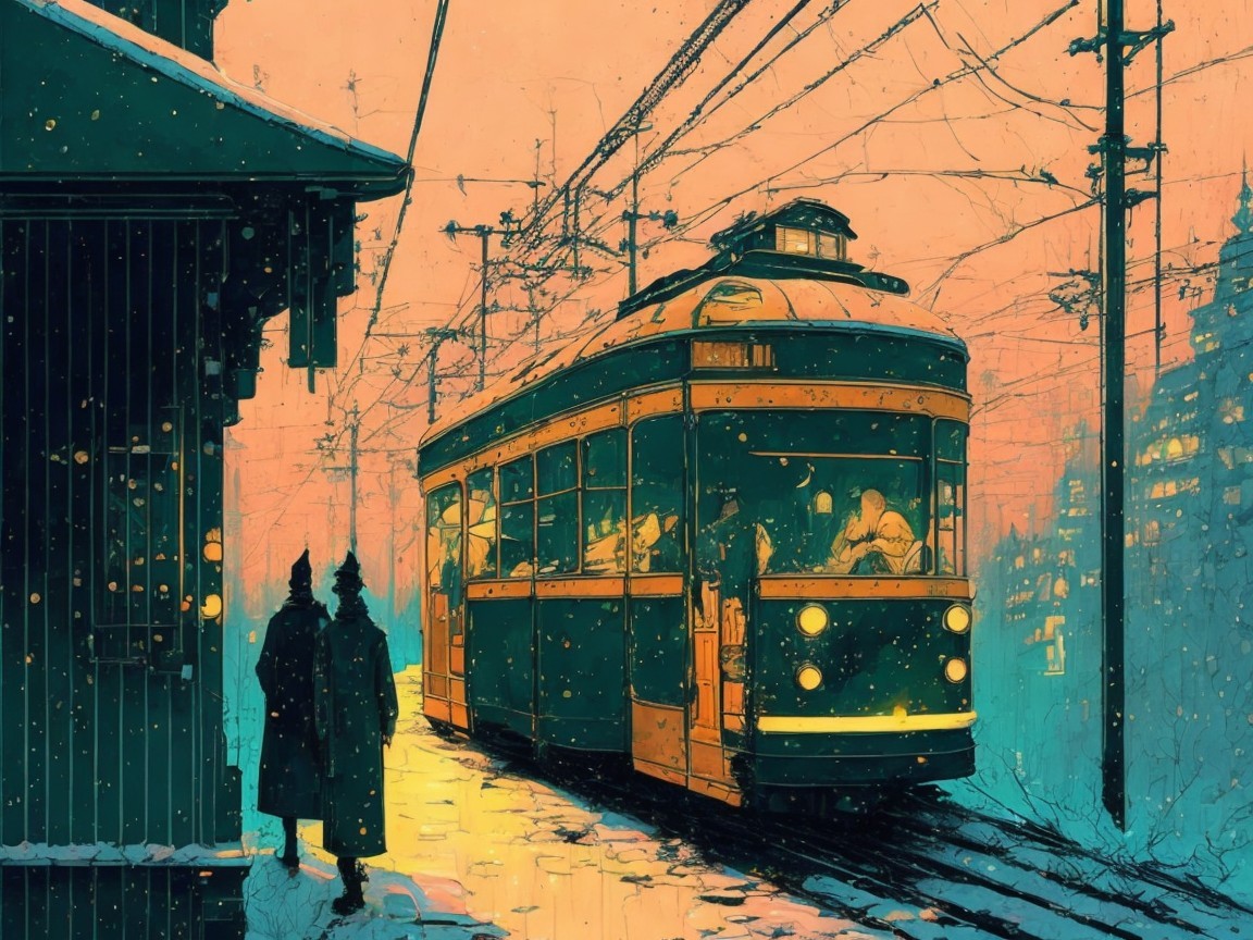 Retro Streetcar in Snowy Urban Landscape at Dusk