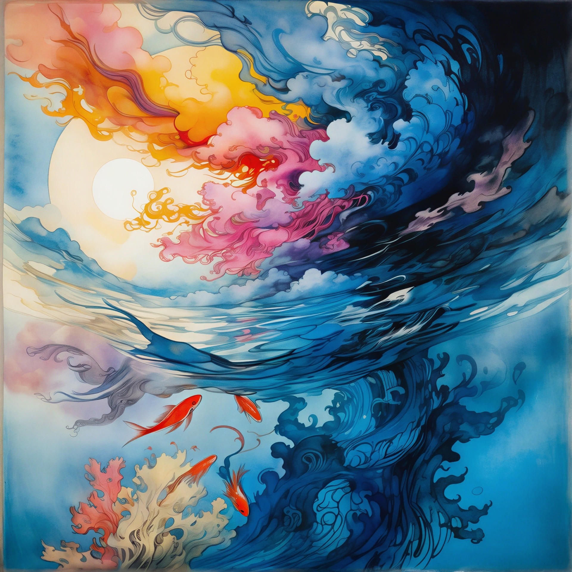 Surreal Seascape with Waves and Goldfish Elements