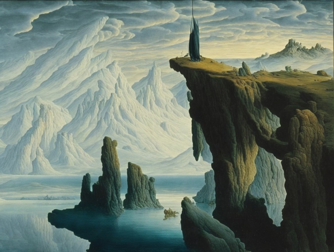 Surreal Landscape with Mountains and Water Body
