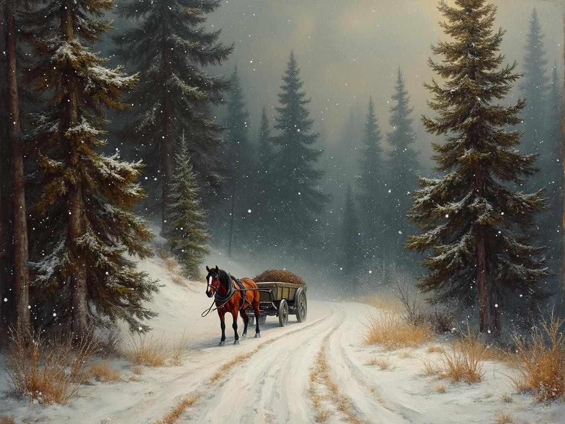 Winter Scene with Horse and Cart on Snowy Path