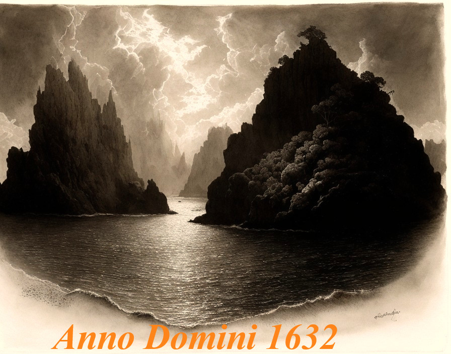 Stormy Seascape Etching: Lightning, Jagged Cliffs, Dark Clouds