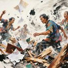 Watercolor Painting of Four Men in Dynamic Scene