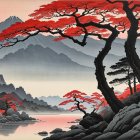 Vibrant Landscape with Red and Black Trees and Mountains
