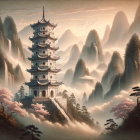 Majestic pagoda on mountainside with misty peaks