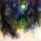 Mystical landscape with silhouetted castle and vibrant colors