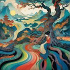 Serene landscape with woman by colorful river and pagodas