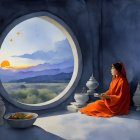 Person in Orange Attire by Round Window at Dawn