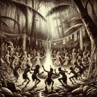 Indigenous People Celebrating Around a Bonfire in Jungle