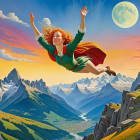 Vibrant Fantasy Landscape with Young Woman in Flight