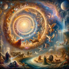 Surreal Landscape with Vibrant Colors and Cosmic Elements